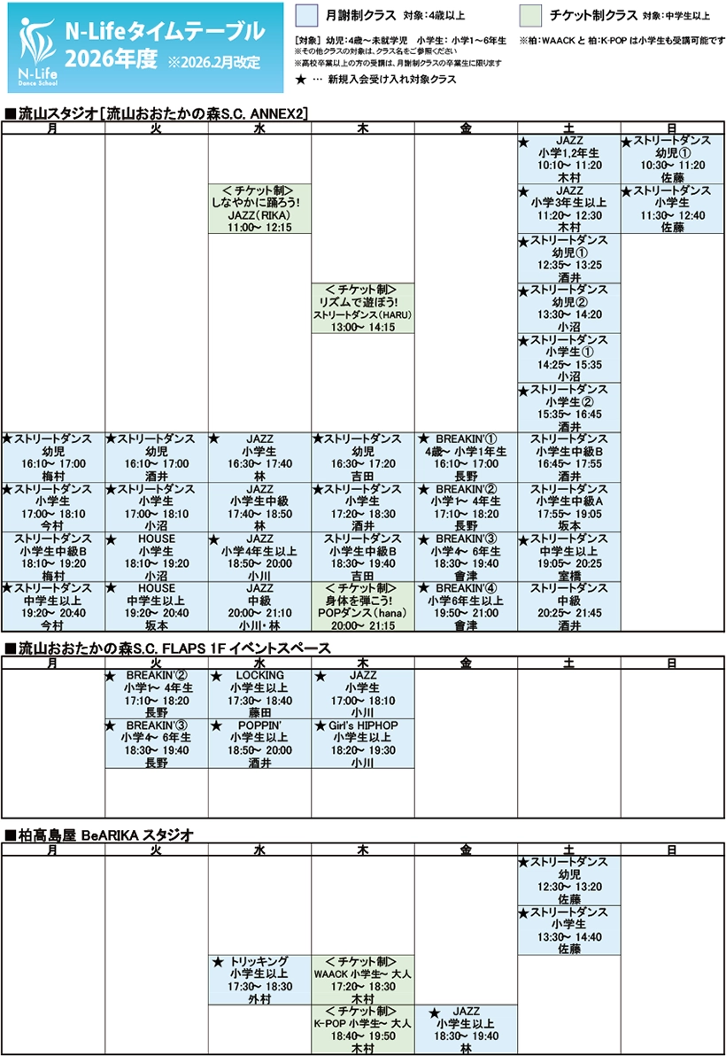 流山おおたかの森クラス　タイムテーブル